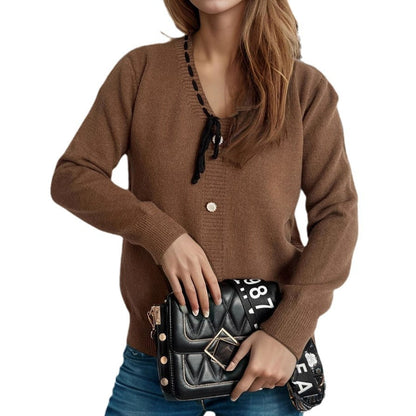 Damen Strickjacke Dekorative Knöpfe Kordelzug Beige