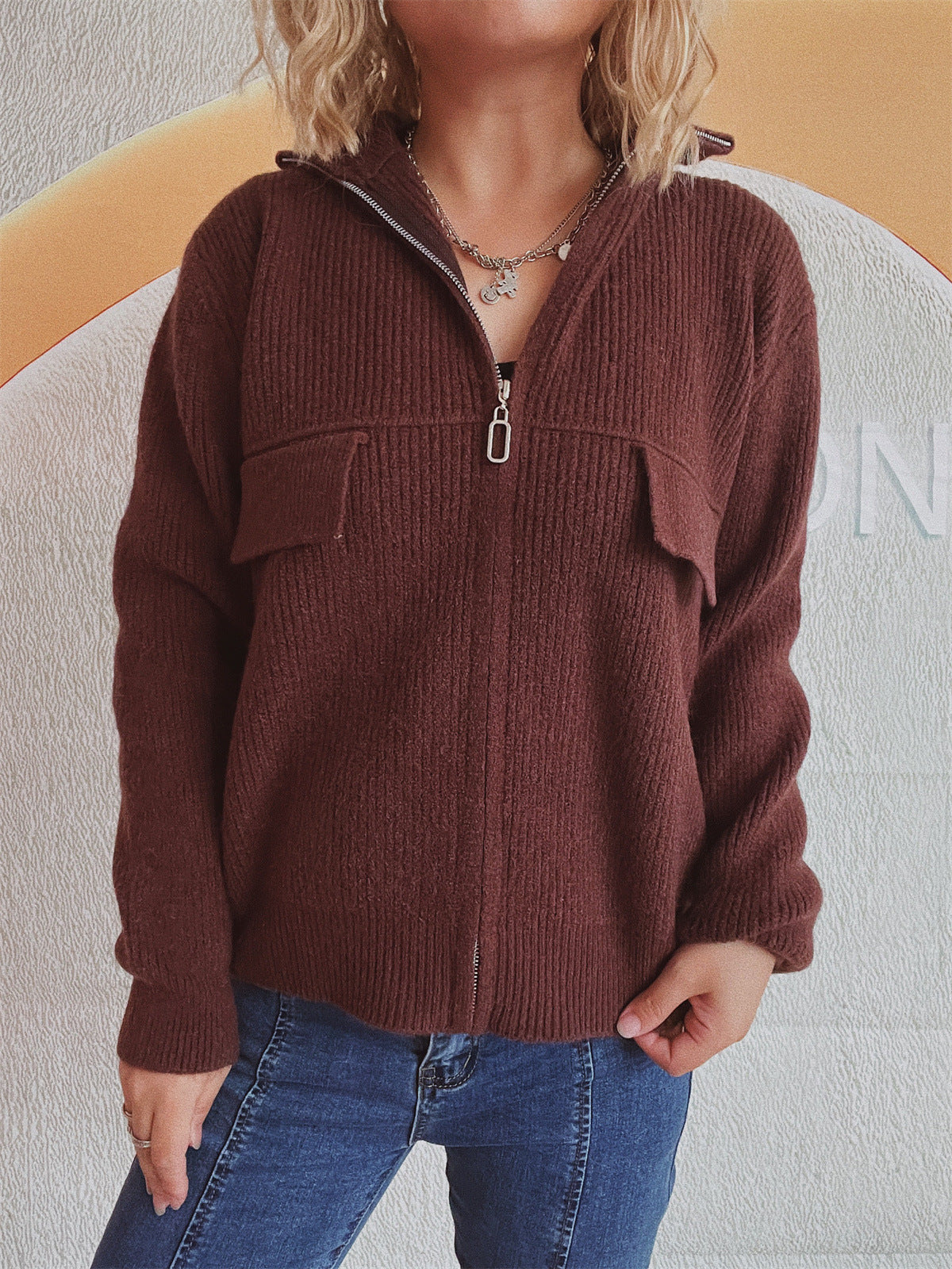 Damen Strickjacke Hochkragen Mit Taschen Anthrazit