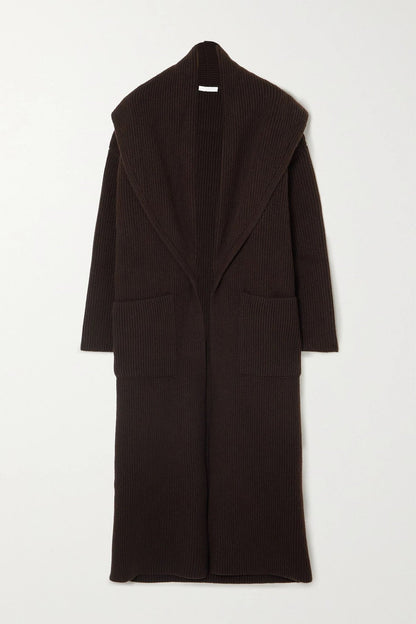 Damen Strickmantel Offene Vorderseite Großer Kragen Beige