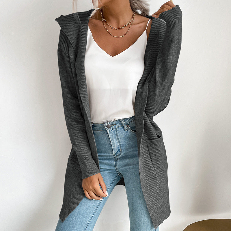 Damen Strickcardigan Lässig Hoher Kragen Offene Vorderseite Beige