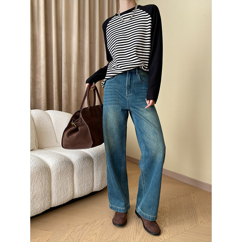 Damen Langarmshirt Gestreift Raglanärmel Modisch Weiß/
