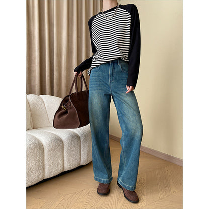 Damen Langarmshirt Gestreift Raglanärmel Modisch Weiß/