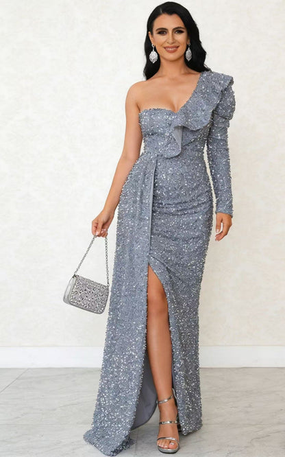Damen Abendkleid Asymmetrisch Pailletten Eveloria