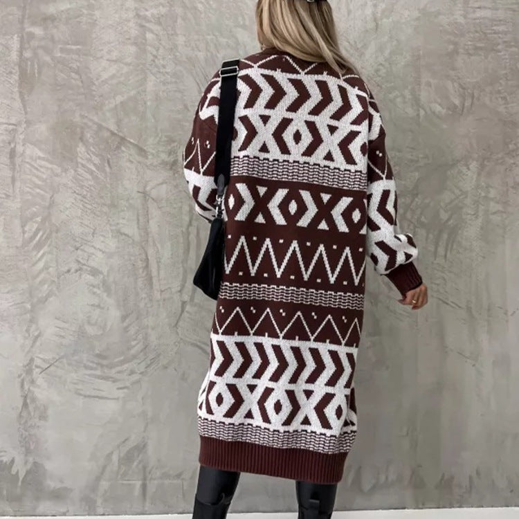 Damen Grobstrick-Cardigan Folklore-Muster Lässig