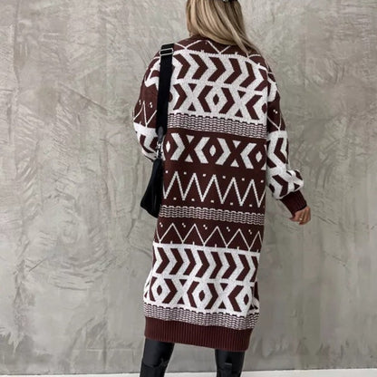 Damen Grobstrick-Cardigan Folklore-Muster Lässig