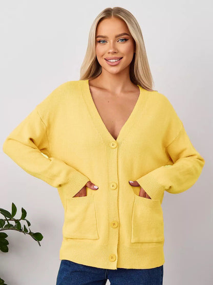 Damen Strickcardigan V-Ausschnitt Taschen Beige