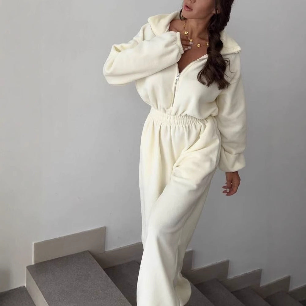 Damen Fleece-Jumpsuit Oversized Stehkragen Elastisch Eveloria