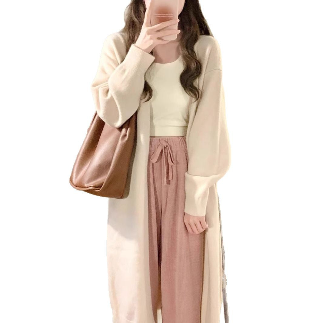Damen Strickmantel Lang aus Merino-Wolle mit Taschen Beige