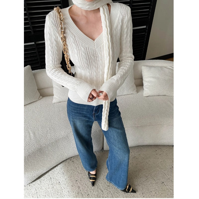 Damen Pullover V-Ausschnitt Feine Rippstruktur
