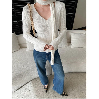 Damen Pullover V-Ausschnitt Feine Rippstruktur