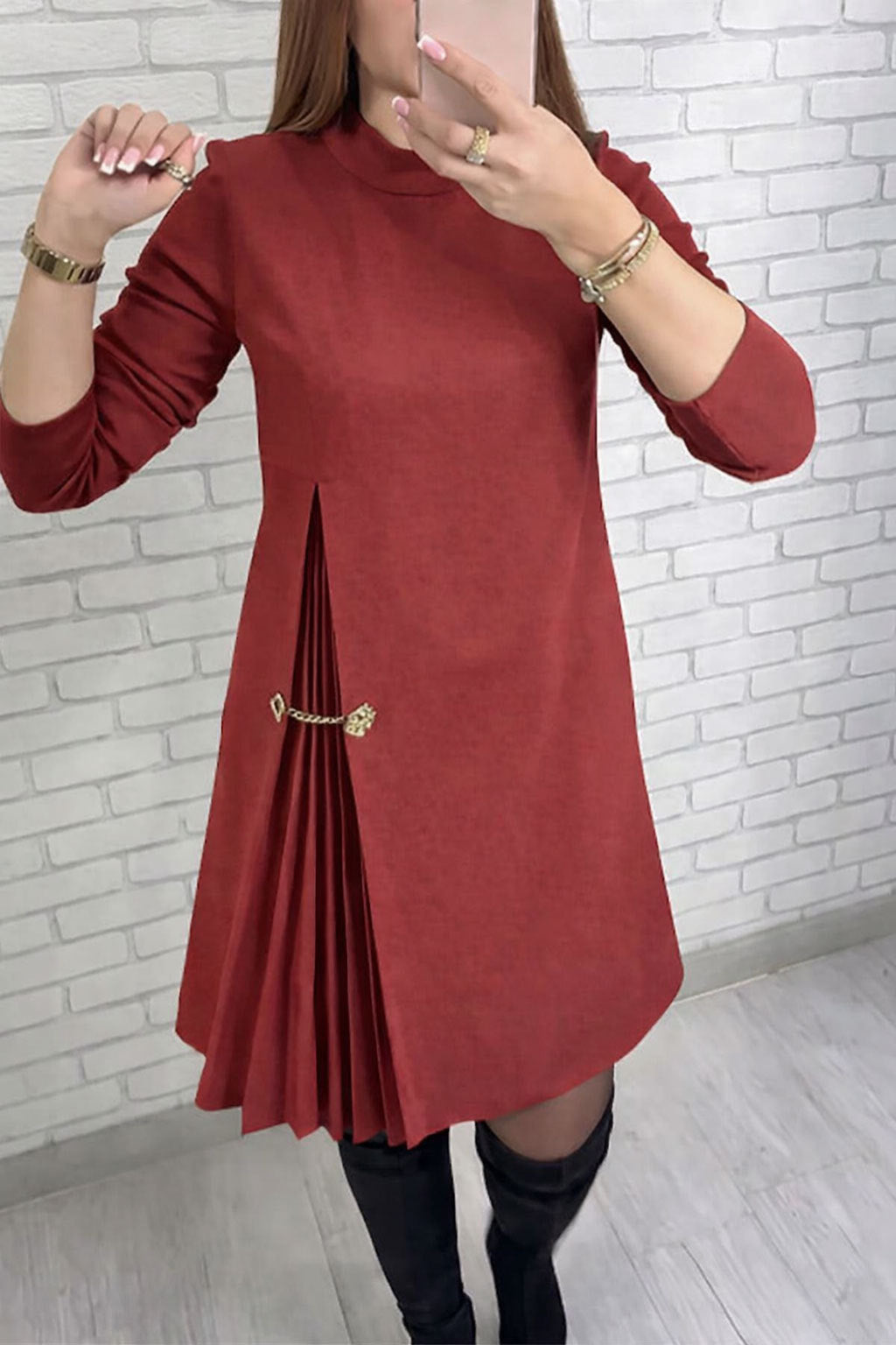 Damen Kleid Falten-Design Dekorativer Gurt