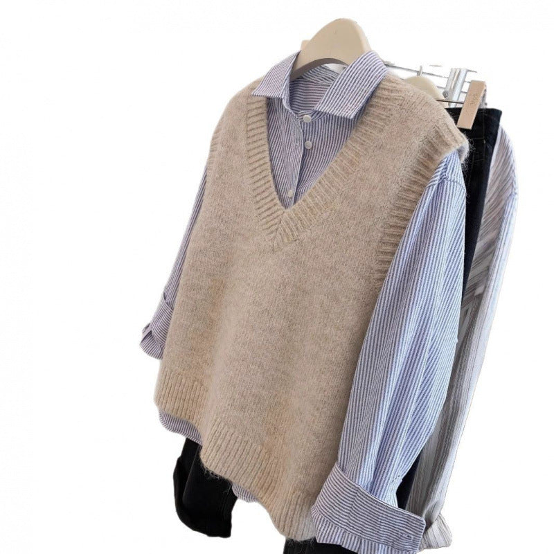 Damen Strickpullover V-Ausschnitt Lässiger Denim Look Blau