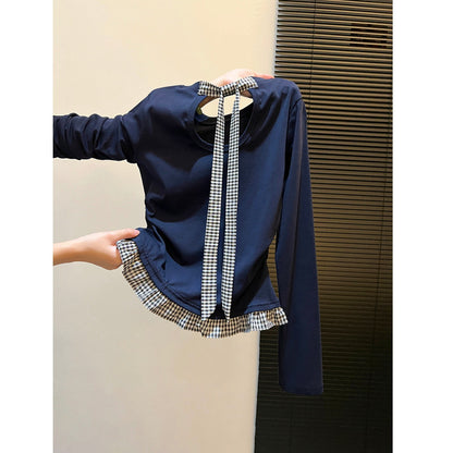 Damen Langarmshirt Asymmetrischer Rüschenrand Dekoratives Rückenteil - Eveloria