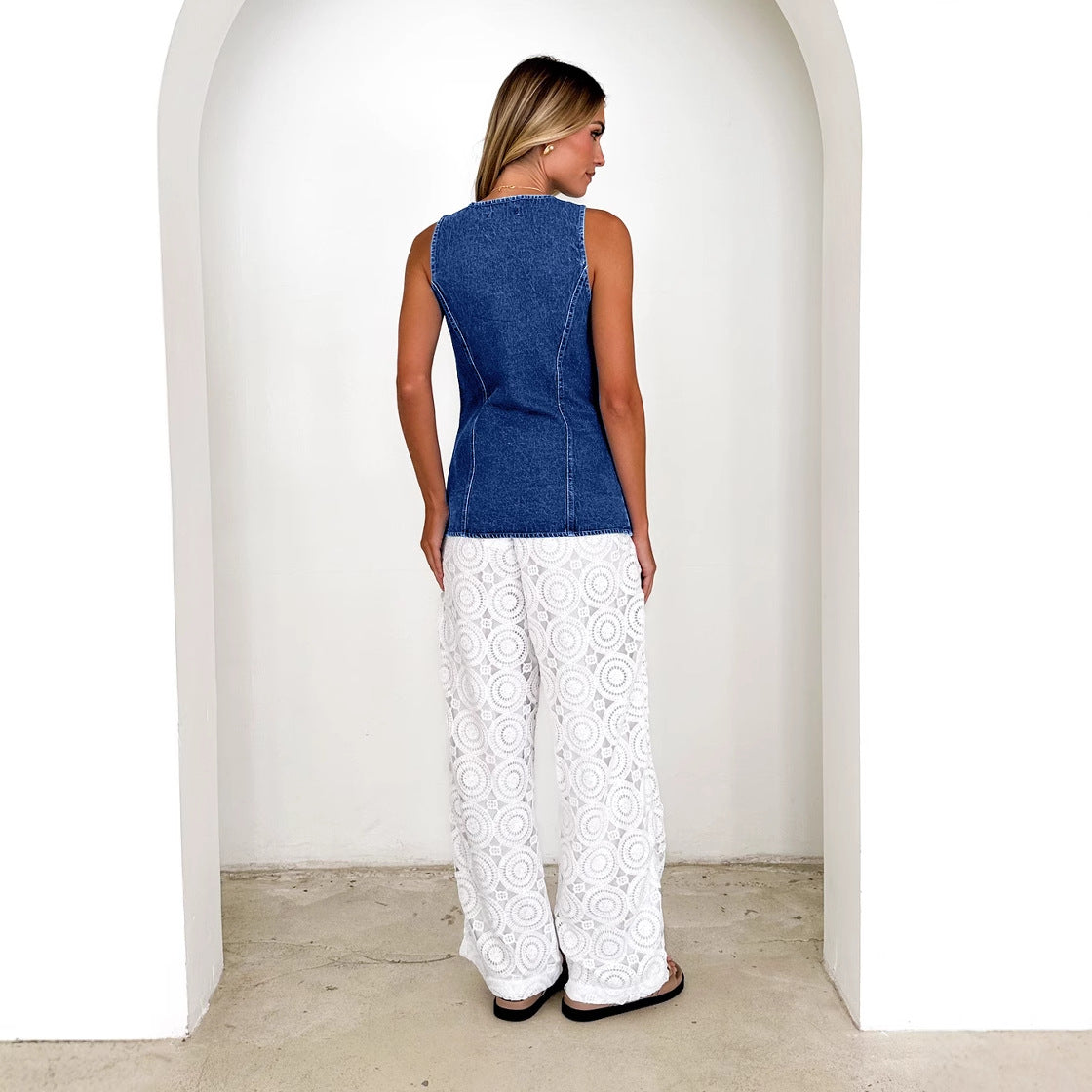 Damen Denimweste Tailliert Knöpfe Blau Eveloria