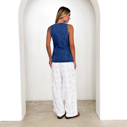 Damen Denimweste Tailliert Knöpfe Blau Eveloria