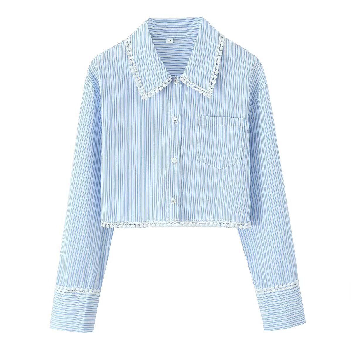 Damen Cropped Bluse Spitzenakzente Weiß