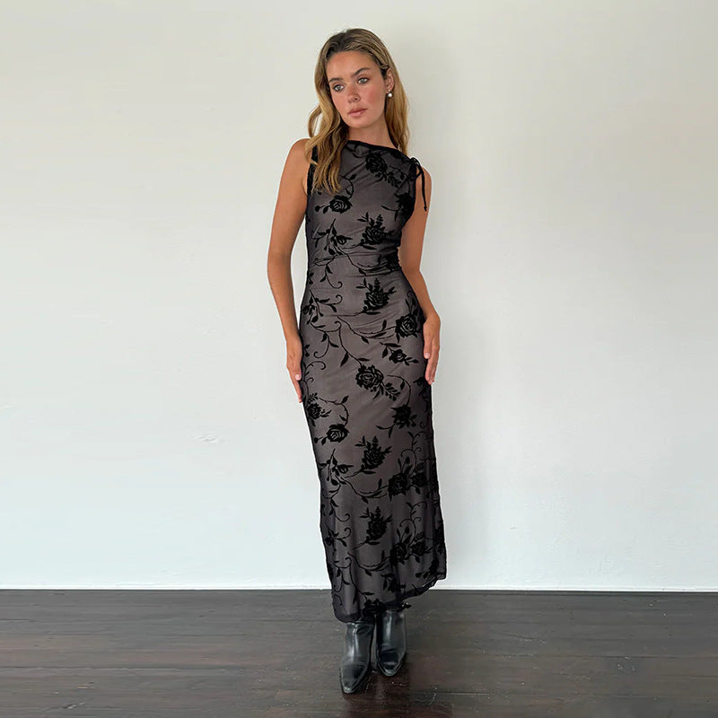 Damen Maxikleid Ärmellos Floralmuster Spitze