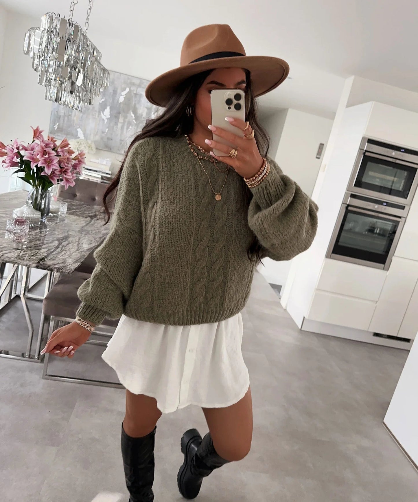 Damen Grobstrickpullover Voluminöse Ärmel Zopfmuster