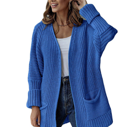 Damen Strickjacke Offene Front Große Taschen Eveloria