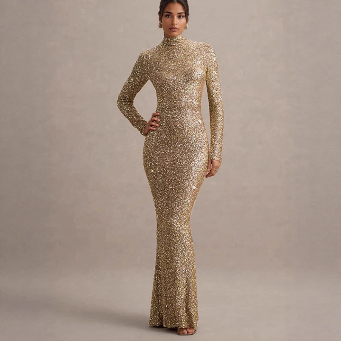 Damen Abendkleid Glitzernd Hochkragen Figurbetont Eveloria - Eveloria