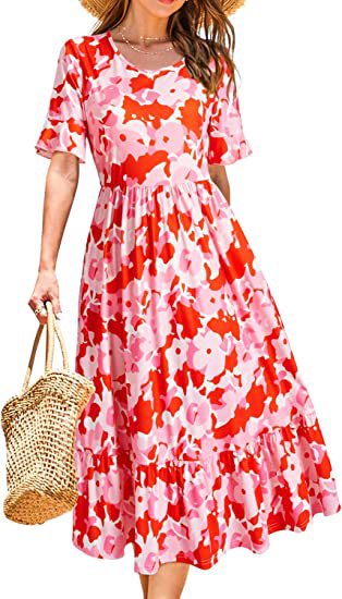 Damen Midikleid Floralmuster Rüschenabschluss Eveloria