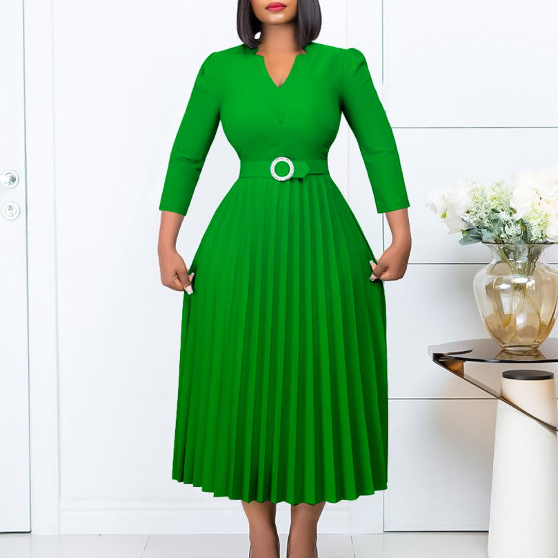 Damen Midikleid Plissé Optik Taillengürtel Eveloria - Eveloria