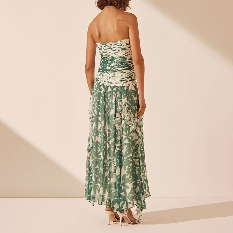 Damen Maxikleid Schulterfrei Rüschen Floral