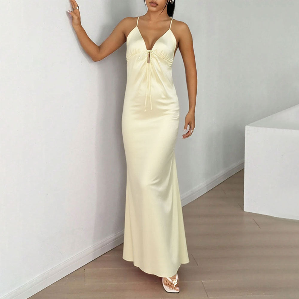 Damen Langarmkleid V-Ausschnitt Schnürdetail Elegantes Eveloria