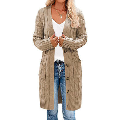 Damen Cardigan Grobstrick mit Taschen Knopfverschluss Beige