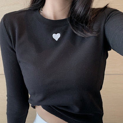 Damen Basic-T-Shirt Langarm mit Herz-Detail Weiss