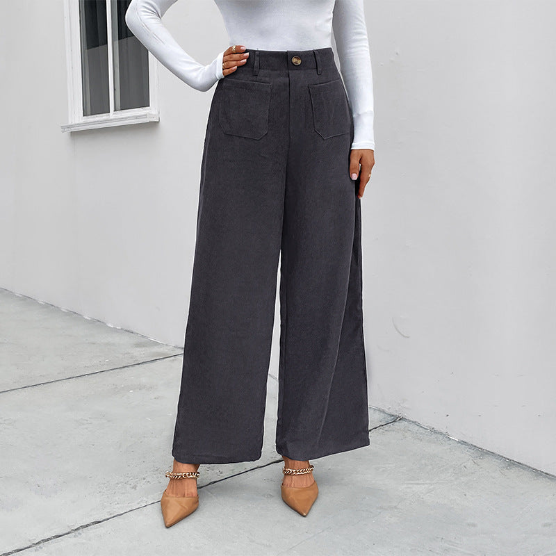 Damen Hochtaillierte Weite Hose mit Taschen und Knöpfen Schwarz - Eveloria