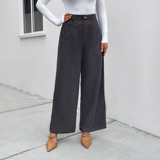 Damen Hochtaillierte Weite Hose mit Taschen und Knöpfen Schwarz - Eveloria