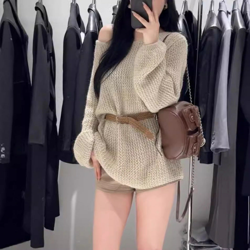 Damen Off-Shoulder Strickpullover Weites Design Eveloria