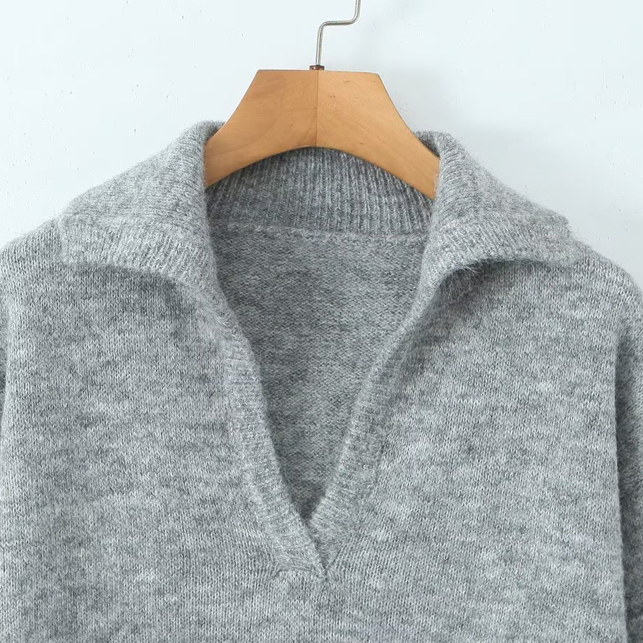 Damen Strickpullover Stehkragen V-Ausschnitt Eveloria