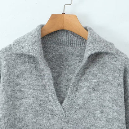 Damen Strickpullover Stehkragen V-Ausschnitt Eveloria
