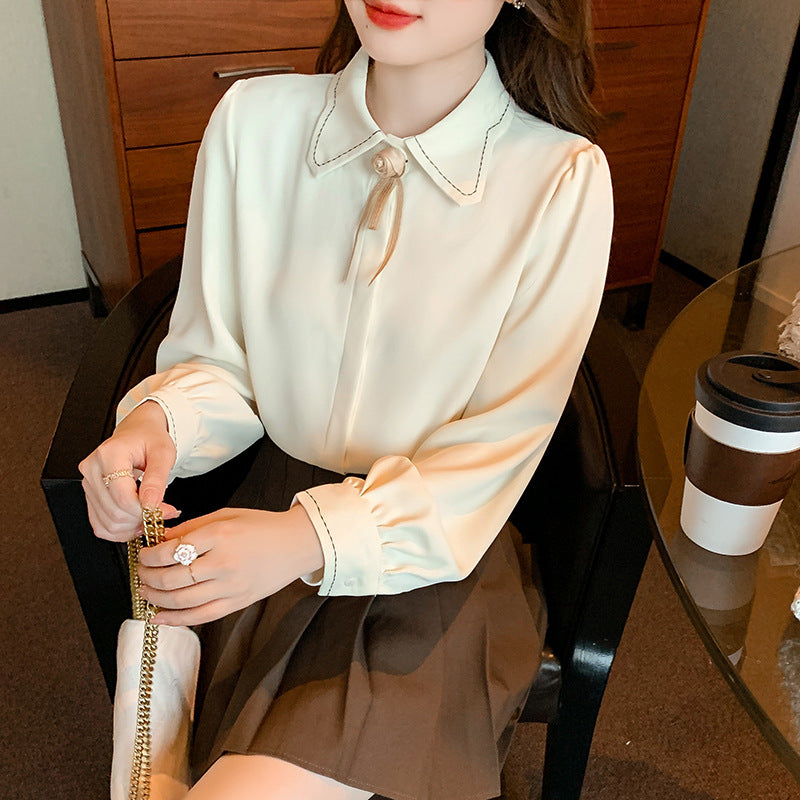 Damen Bluse Klassischer Kragenschnitt Elegante Schleife Weiße Bluse