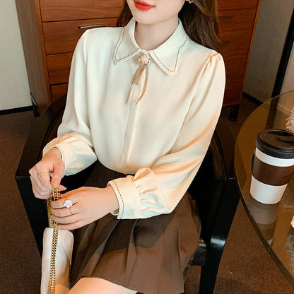 Damen Bluse Klassischer Kragenschnitt Elegante Schleife Weiße Bluse