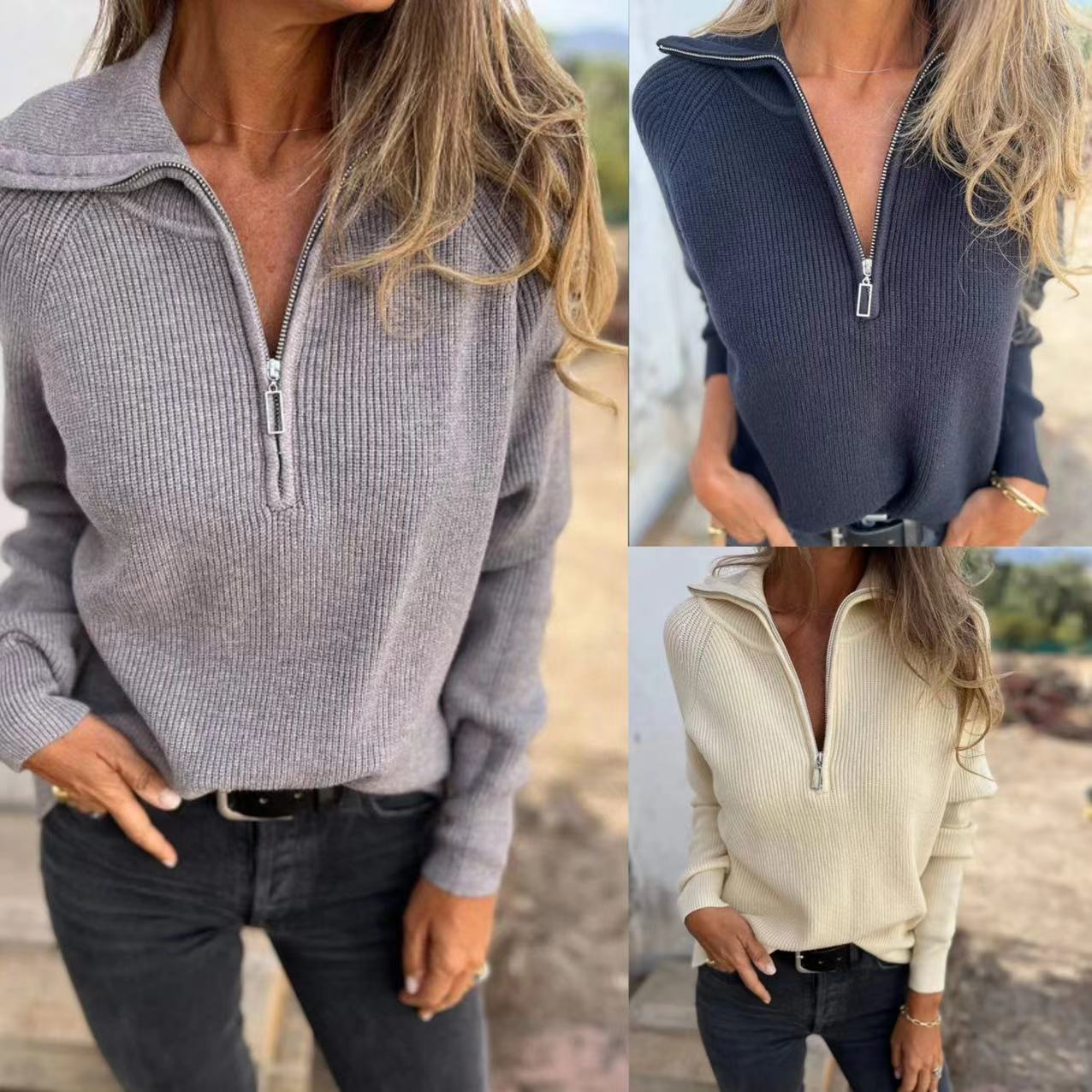 Damen Strickpullover Rippstruktur Halbzipper Eveloria - Eveloria