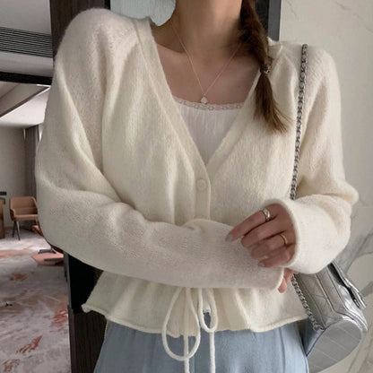 Damen Strickjacke Tailliert Mit Gürtel Beige