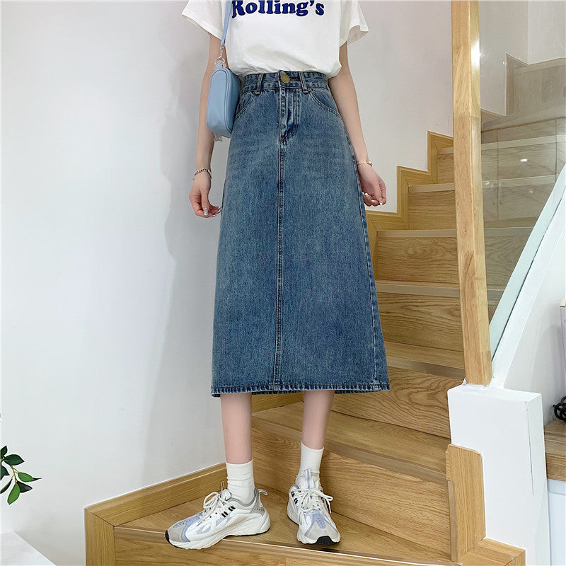 Damen Jeansrock Lang Hochtailliert Dekoratives Design Eveloria