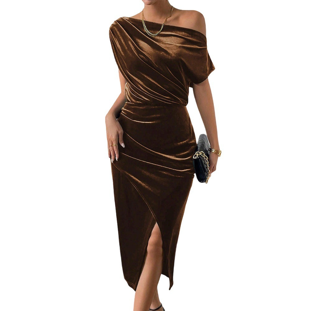 Damen Maxikleid Schulterfrei Samt Eveloria