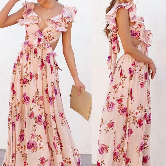 Damen Maxikleid Rüschendetails Florales Design Eveloria - Eveloria