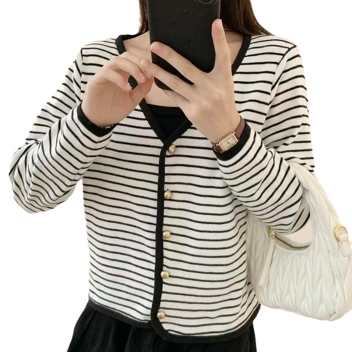 Damen Cardigan Gestreift V-Ausschnitt Elegante Knöpfe