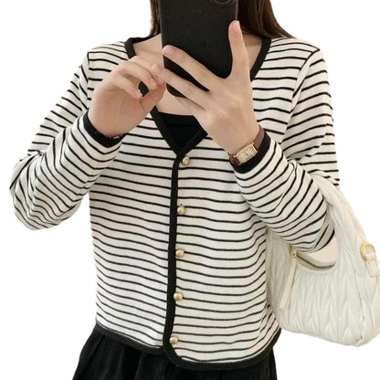 Damen Cardigan Gestreift V-Ausschnitt Elegante Knöpfe