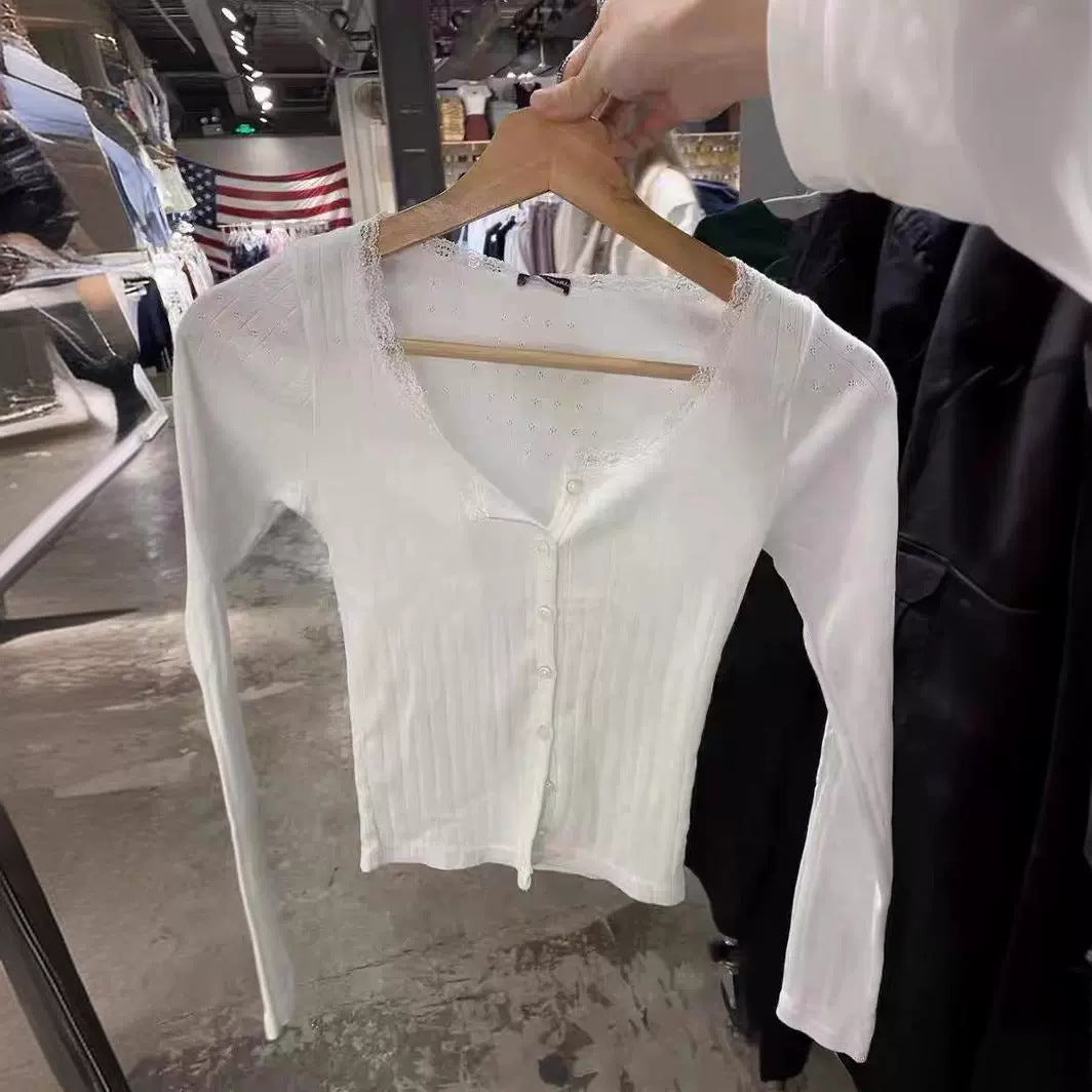 Damen Langarmshirt feine Spitze Weiß