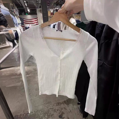 Damen Langarmshirt feine Spitze Weiß