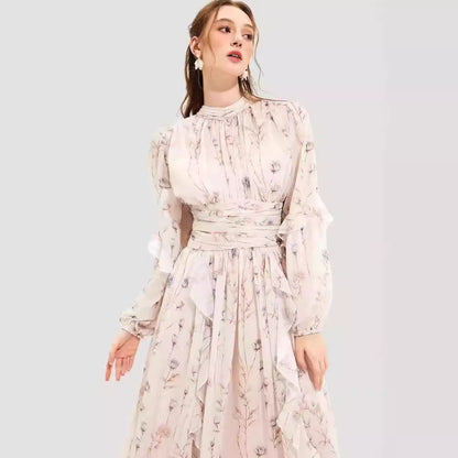 Damen Midi-Kleid Florale Stickerei Rüschensaum Eveloria - Eveloria