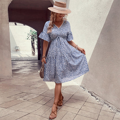 Damen Sommerkleid Taillenknoten Volumöser Rock Eveloria