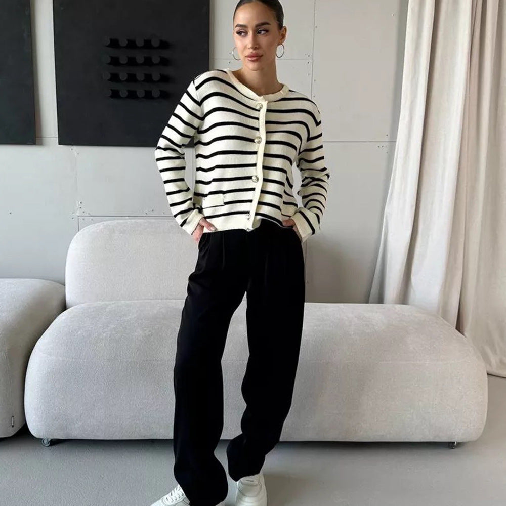 Damen Strickjacke Gestreift mit Knöpfen Eveloria