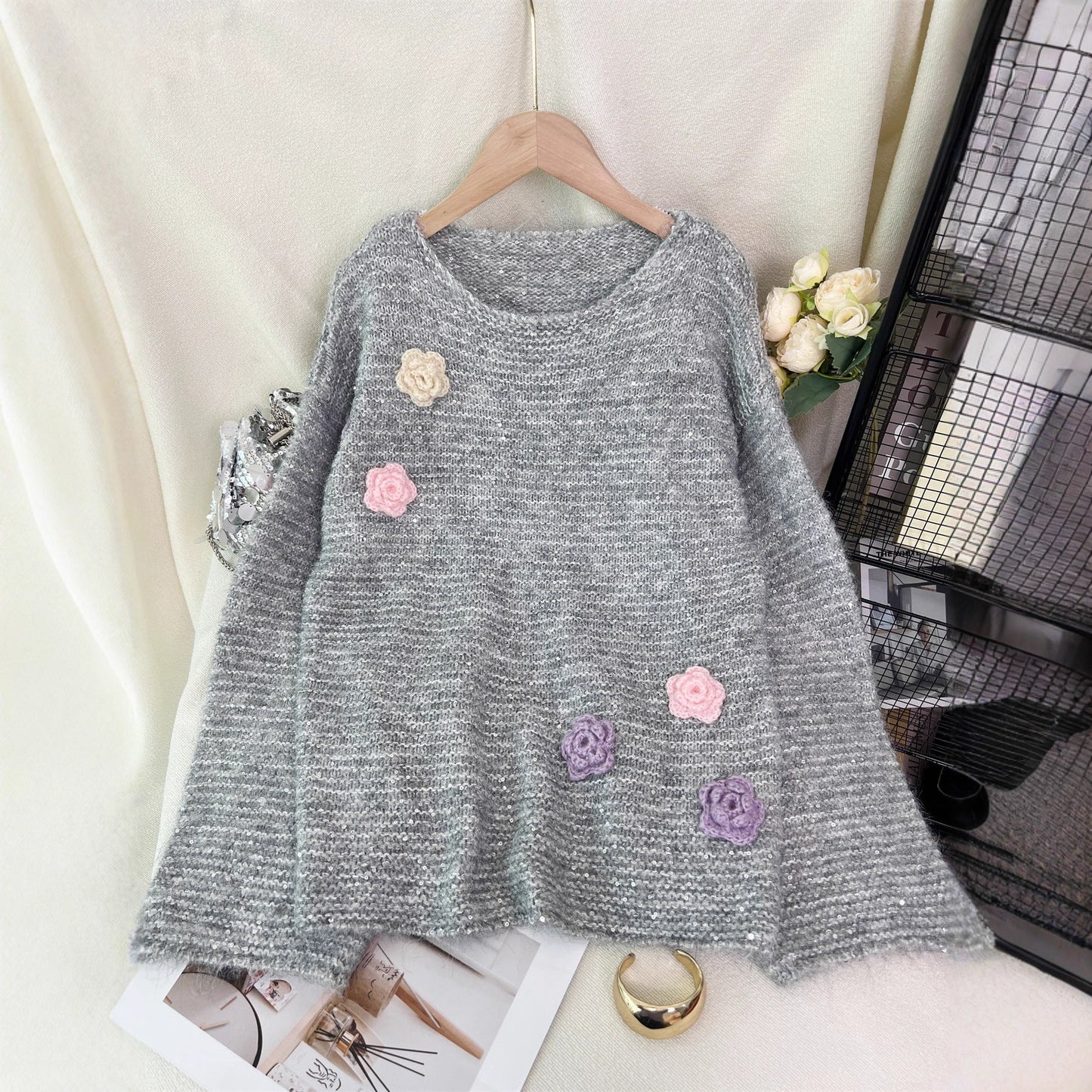 Damen Strickpullover Florales 3D-Design Eveloria